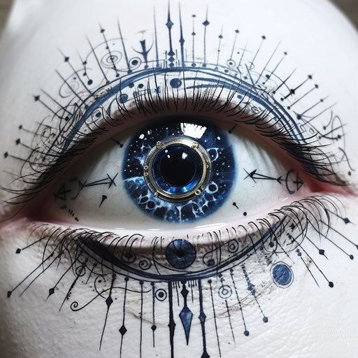 Eye tattoo with stars and eyes, frostpunk style, gravure printing