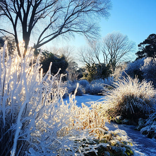 Winter botanical garden, plants and trees encased in ice