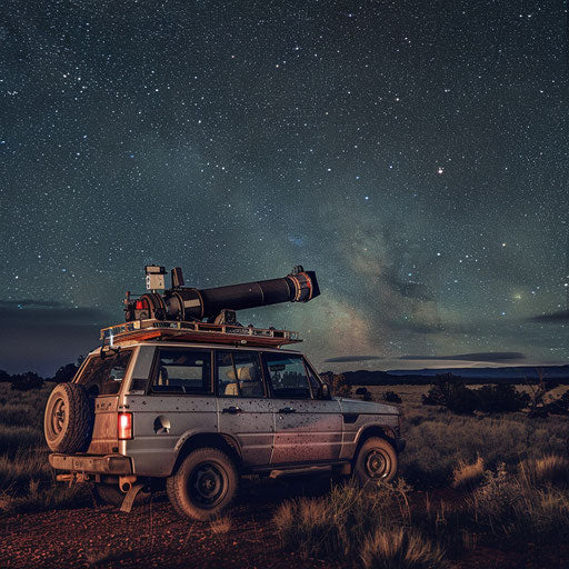 Vehicle transformed into mobile astronomy lab under starry sky