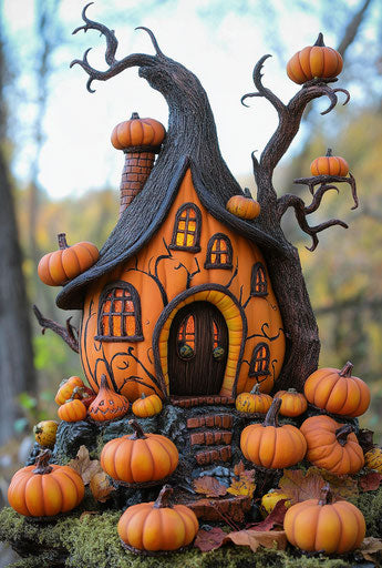 Whimsical pumpkin house surrounded by pumpkins for enchanting Halloween scene.