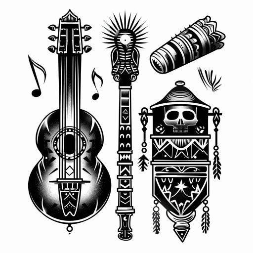 Flat tattoo sketch of neo tribal musical instruments with decorative elements
