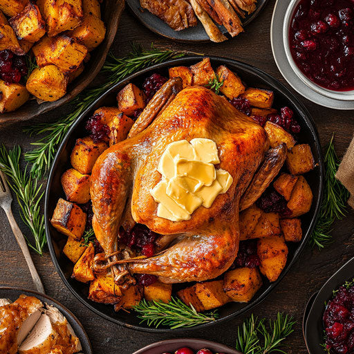Thanksgiving spread with yams, turkey, and cranberry sauce