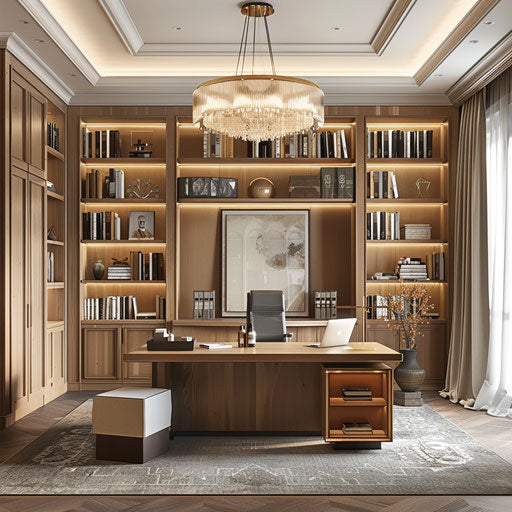 Stylish home office with large desk and bookshelves