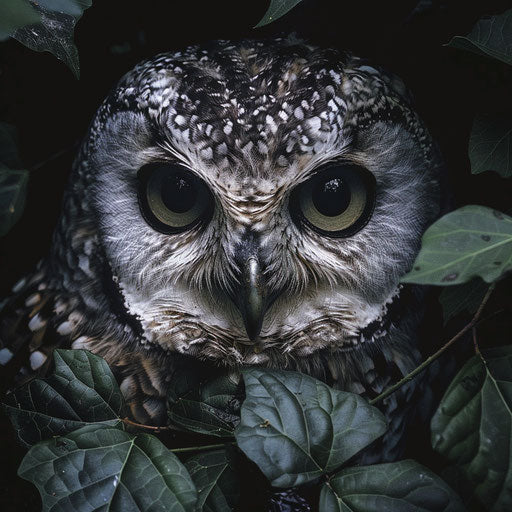 Intense gaze of a white owl surrounded by dark green foliage