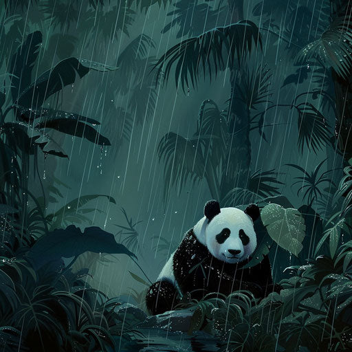 Giant panda under large leaf in thunderstorm