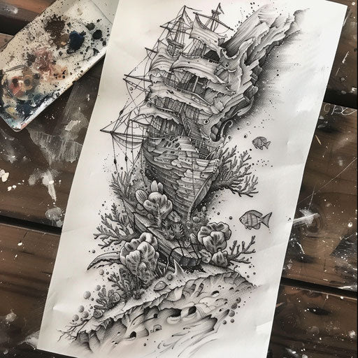 Sketch of rugged stone texture tattoo of a shipwreck with coral and sea life integration