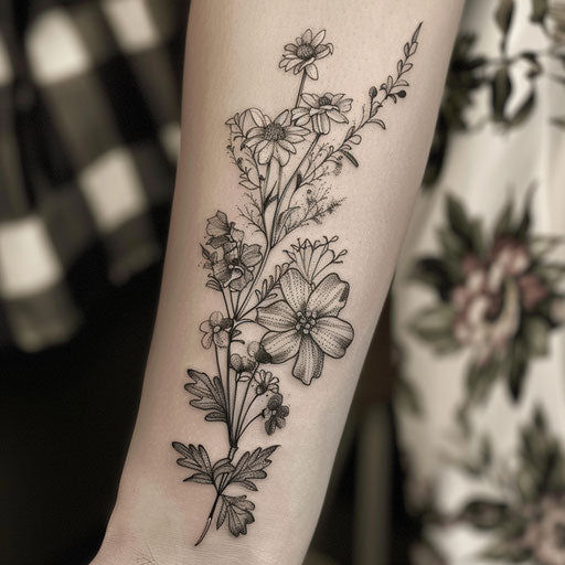Wildflower tattoos in dotwork style on white backdrop