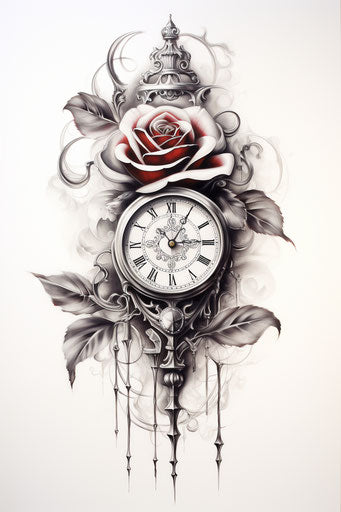 Rose tattoo on pencil paper with a clock