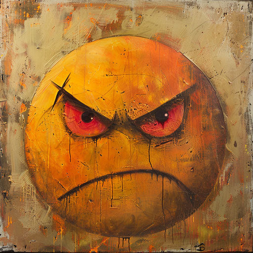 Angry emoticon with red eyes, aestheticized violence