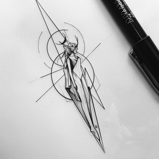 Simplistic and elegant tattoo sketch of Aphrodite in a monochrome geometric style