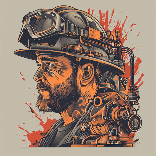 Firefighter and heavy machine in steel gray and rust orange