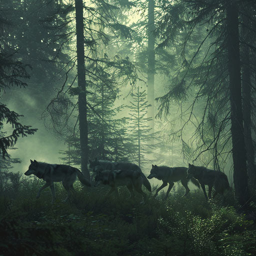 Silent pack of wolves moving through misty morning forest