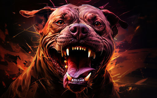 Pit bull dog with shaved chin and teeth, explosive and chaotic style