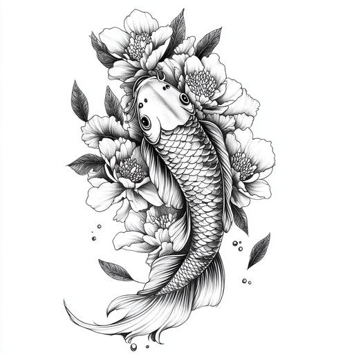Full sleeve tattoo sketch with koi fish swimming upstream