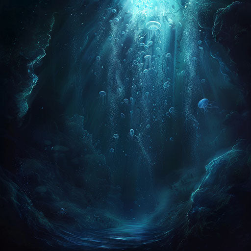 Dark ocean abyss, lit by deep-sea jellyfish's eerie glow