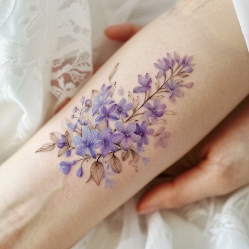 Japanese style lilac tattoo with elegant flower arrangements and soft gradients