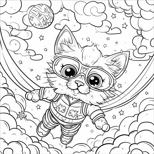 Whimsical cartoon cat in superhero costume, flying through the sky