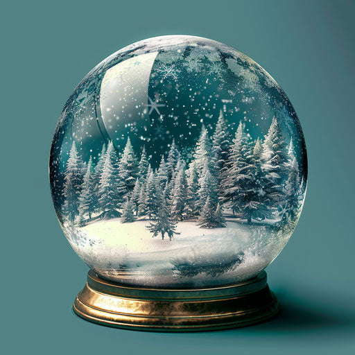 Realistic snow globe clipart on teal flat background, vibrant contrasts and detailed textures