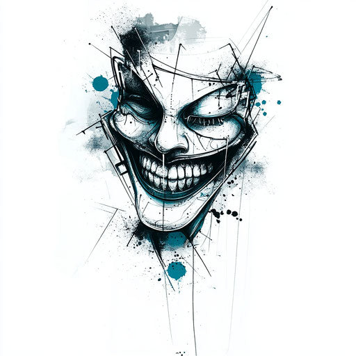 Flat tattoo sketch of smiley with glitch art effect on white background