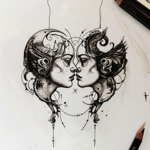 Gemini flat tattoo sketch, mirror-image twins