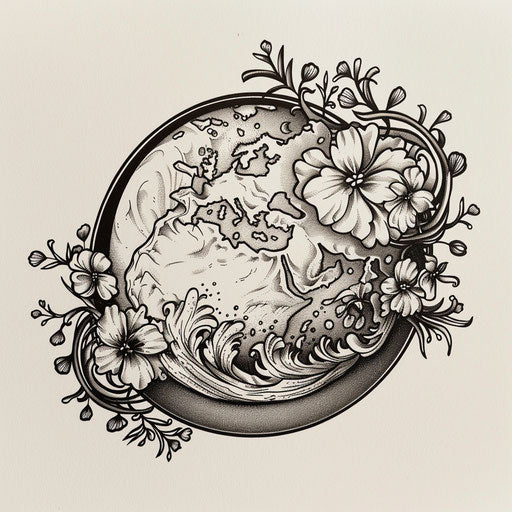 Art nouveau style sketch of Earth with elegant floral and curved lines