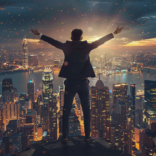 Triumphant businessman overlooking the city