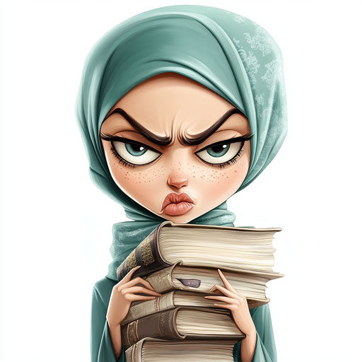 Humorous caricature of a hijab caricature clipart with human characteristics, thin lips, expressive hands, stack of books, vibrant colors, cartoon style, frowning, high resolution, isolated