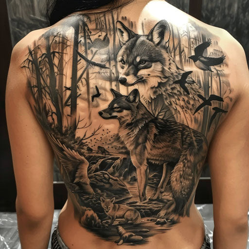 Realistic back tattoos featuring animals and wildlife