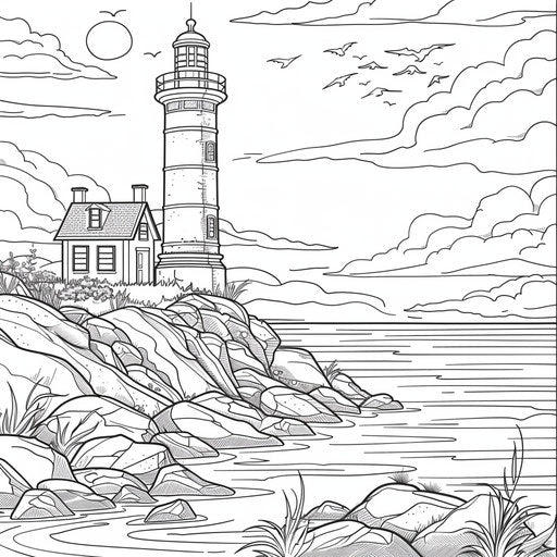 Lighthouse by the sea. Coloring book page