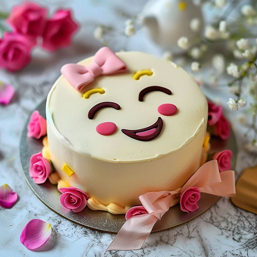 Happy face cake with pink bow and smiley emoticon