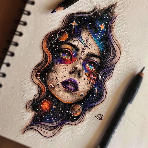 Flat space-themed tattoo sketch of a neda tattoo with dark cosmic colors and starry backgrounds