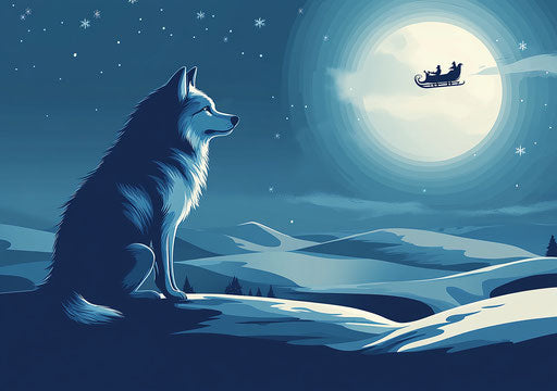 Wolf on the moon, Santa's sleigh flying blue, vector art