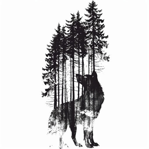 Forest tattoo with wolf silhouette on white background