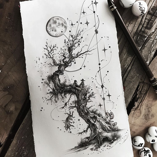 Sketch of Cancer constellation tattoo with whimsical characters and scenery