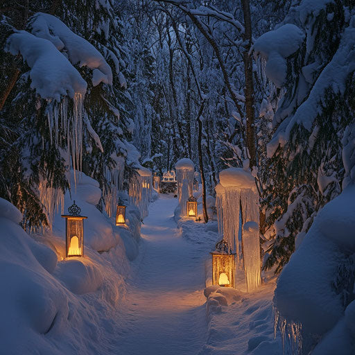 Snowy forest path lit by lanterns, leading to hidden glade with small ice sculpture exhibit.