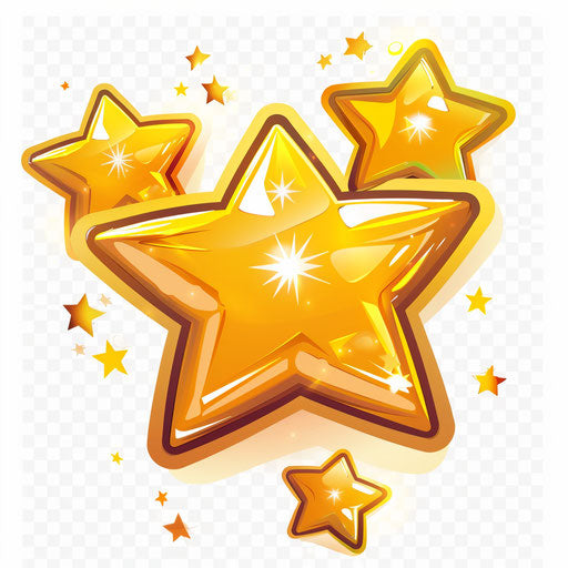 Three golden stars on transparent background, in the style of the stars art group, anime influenced, yellow, eye-catching, simple forms