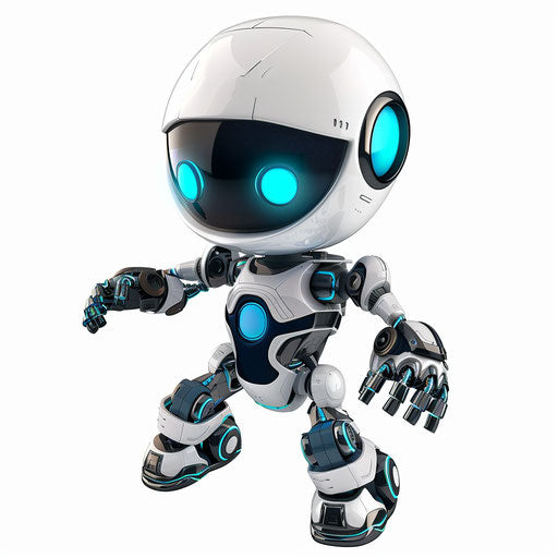 Playful robot in metallic tones on white canvas