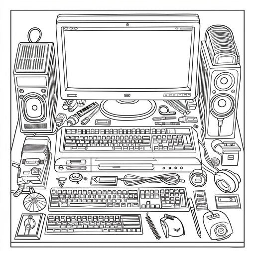 Detailed view of a computer with various software icons on the screen. Coloring book page