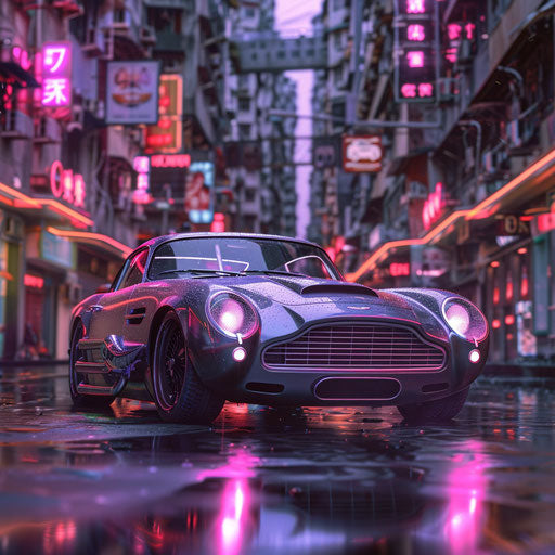 Cyberpunk Aston Martin DB6 with AR windshield and neon accents navigating in dystopian cityscape