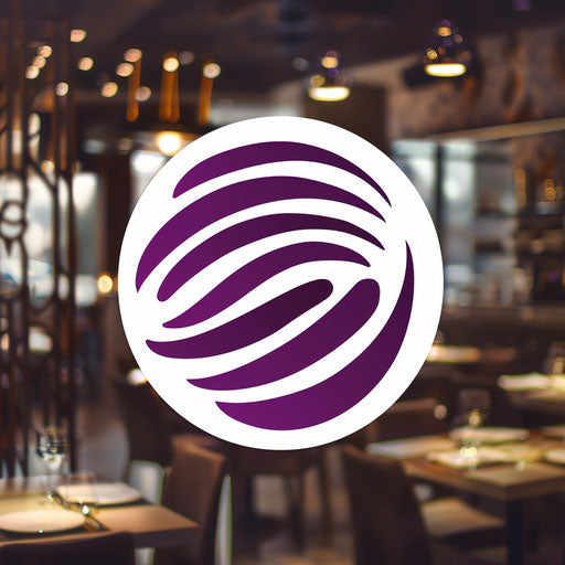 Purple and white restaurant logo with modern background