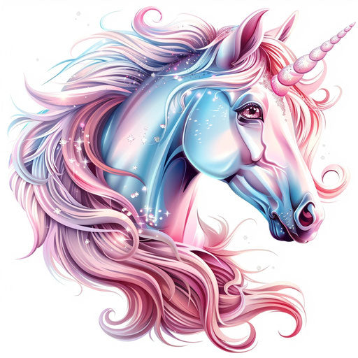 Mythical anime unicorn with a shimmering mane, dreamy tattoo artwork displayed on white background