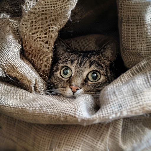 Cat hidden in box or bag, emphasis on facial expression