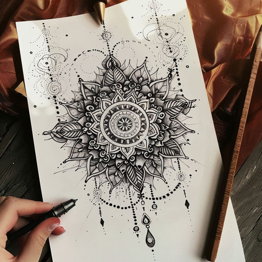 Bohemian flat tattoo sketch with chaotic mandala patterns in earthy tones