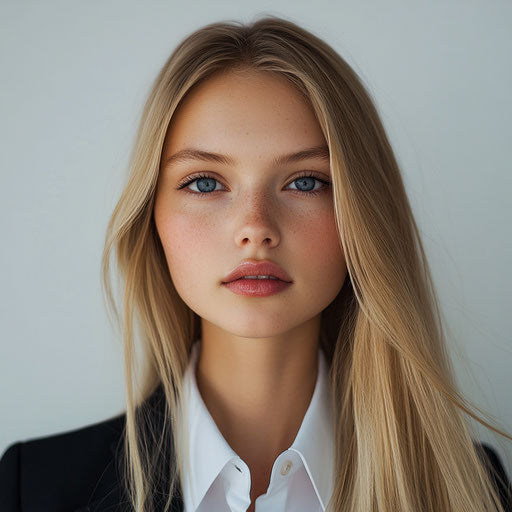 Beautiful blonde in white and black school uniform