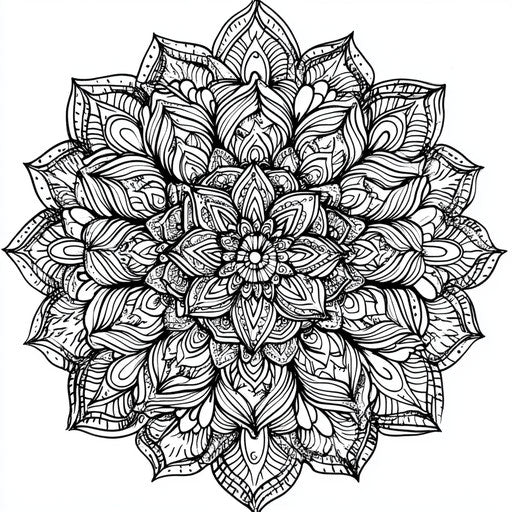 Detailed mandala ornament with intricate patterns in the style of Andy Marlette, coloring book page