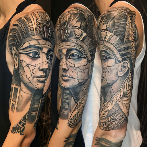 Ancient Egyptian cover up tattoo in the style of Ami James
