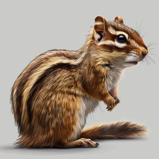 Chipmunk clipart in a photo realistic style with a flat random background, metallic sheen and realistic textures