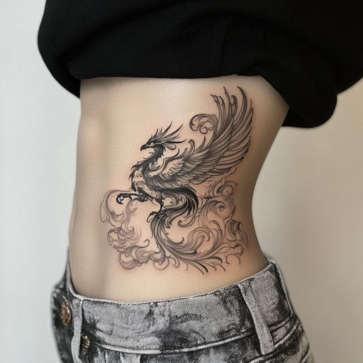 Women's rib tattoos: phoenix in smoke and flames