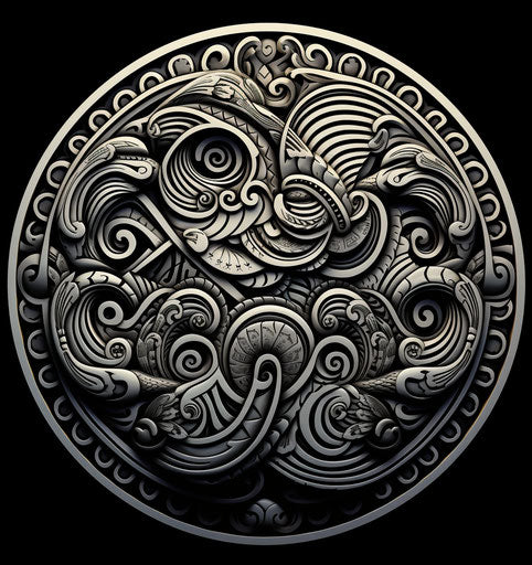 Whirlia tattoo design with symbols from Pacific island collection, luxurious geometry style, detailed art nouveau, detailed monochrome, magewave, serene faces, heavy texture