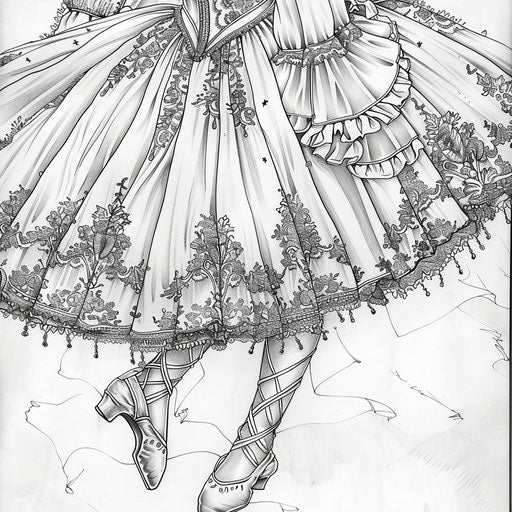 Ballerina tutu with intricate lace, coloring book page